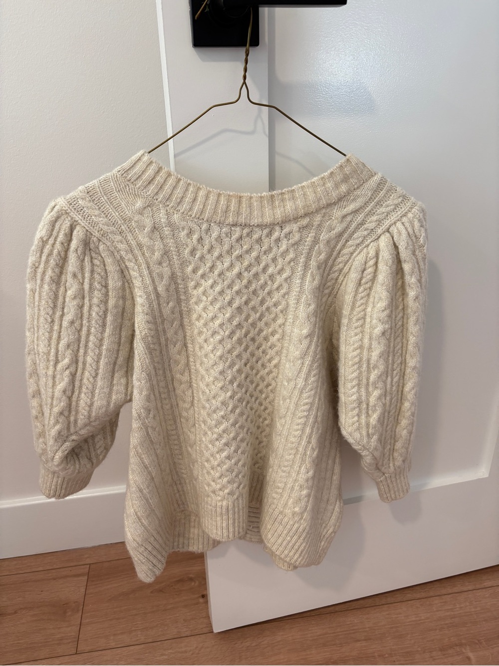 Maeve Cream Off-the-Shoulder Cable Knit Puff-Sleeve Sweater